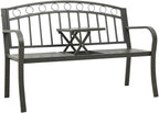 Outdoor Garden Bench with Integrated Table, 2-Seater Metal Patio Seat, Grey Powder-Coated Steel Bench for Yard, Park, and Terrace Seating