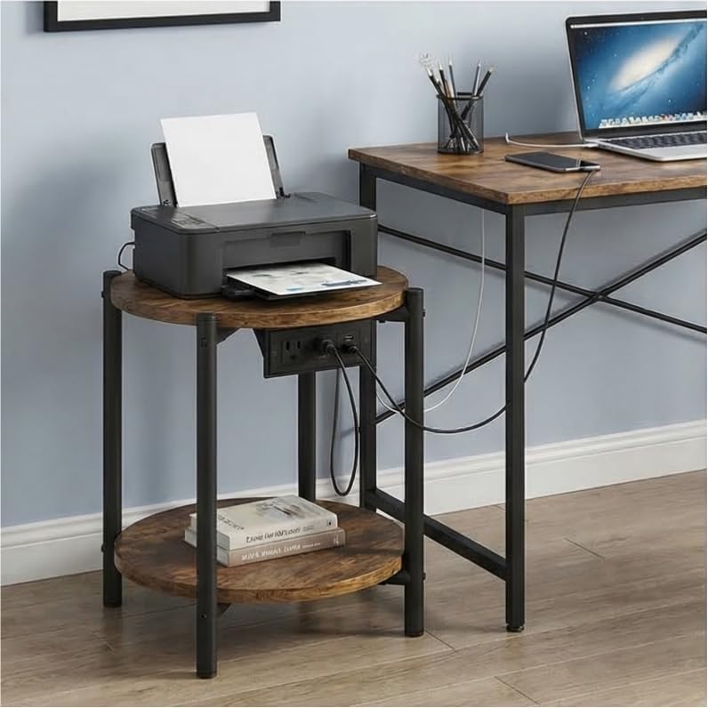 LIKIMIO Round End Table with Charging Station, 15.8" Side Table for Small Spaces, 2-Tier Industrial Nightstand with 77 lbs Load Capacity, Rustic Brown