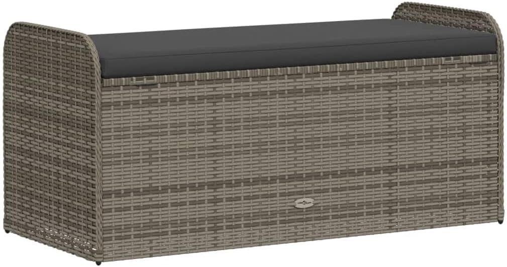 Poly Rattan Patio Storage Bench with Cushion, 45.3 Inch Outdoor Seat with Waterproof Bag and Gas Spring, Gray