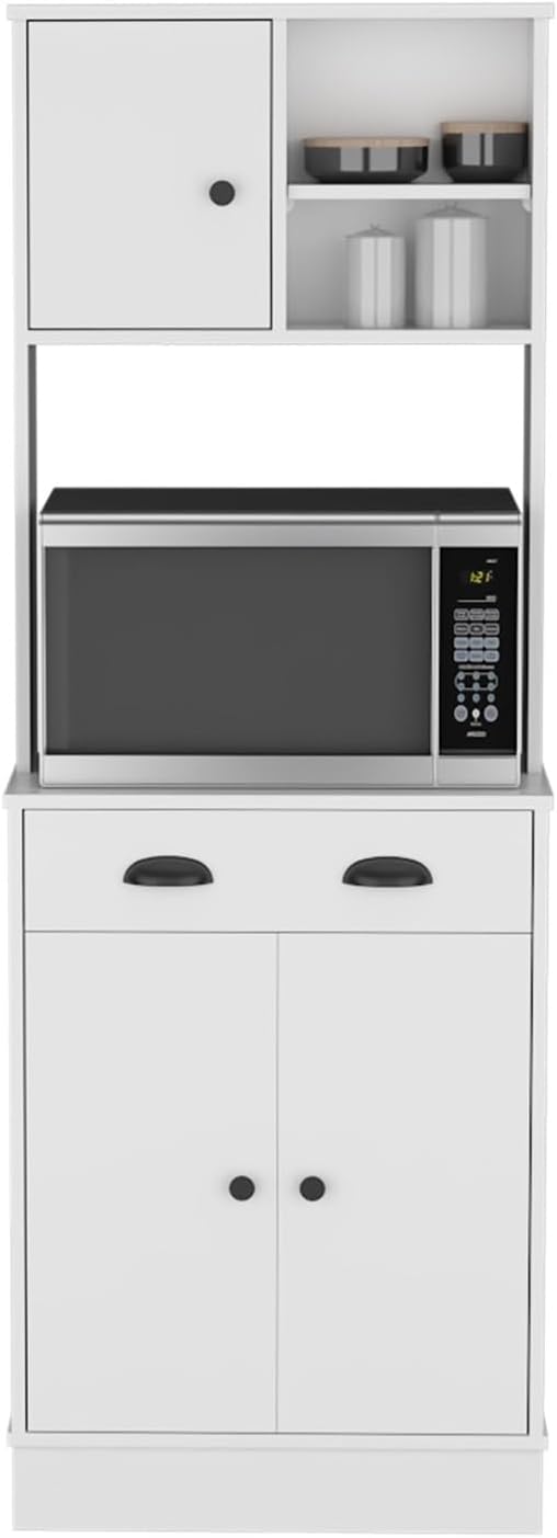 Kitchen Pantry 67" H, Two Cabinets, Three Doors, Two Open Shelves, One Drawer, Microwave Storage Option,for Kitchen