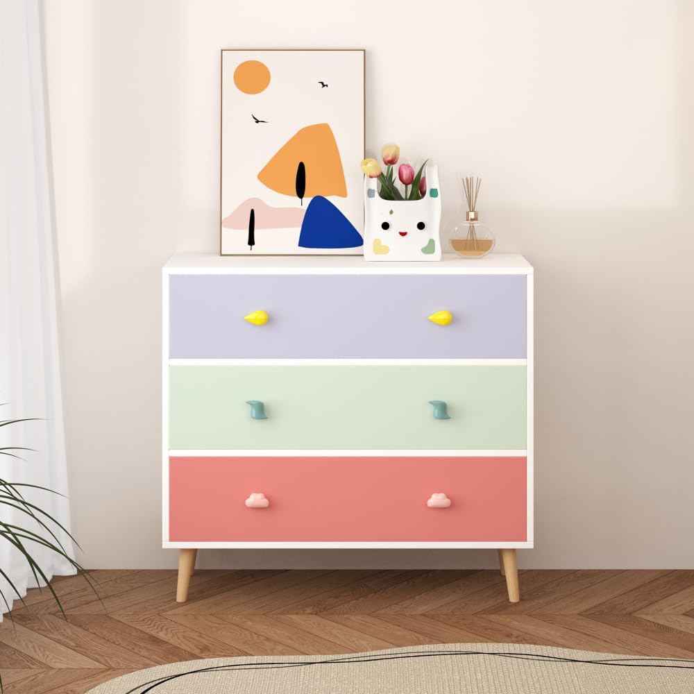 Modern Nightstand with 3 Drawer, Wooden Bedside Table for Kids Room, Toddler Childs Storage Cabinet with Euro Glides, Safety Anti-Tip Design, Easy Assembly, Colorful Finish, 2026 Upgrade (Colorful)