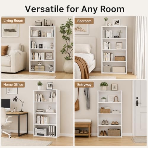 Simple Deluxe Industrial 4-Tier Shelf Bookcase - 9.2" D x 23.8" W x 42" H Tall Floor Standing Open Bookshelf for Home Office, Living Room, and Bedroom Storage, White