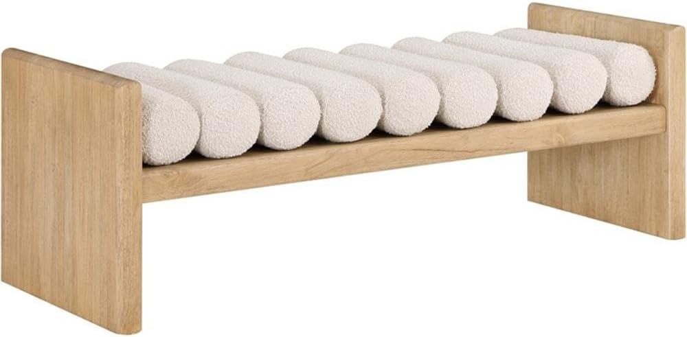 Meridian Furniture 179Cream Waverly Collection Modern | Contemporary Bench with Solid Wood Rich Natural Finish, Luxurious Cream Boucle Fabric, 52" W x 19" D x 18" H, Cream
