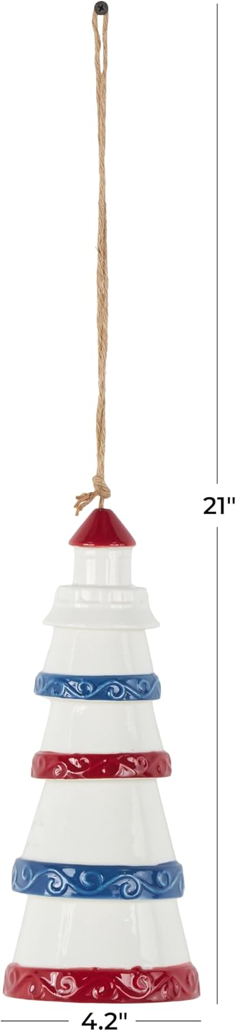 Deco 79 Ceramic Light House Indoor Outdoor Windchime Wind Chime with Brown Rope and Blue and Red Accents, Hanging Ornament 4" x 4" x 21", White