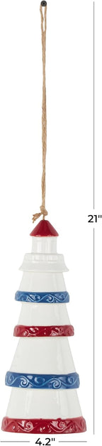 Deco 79 Ceramic Light House Indoor Outdoor Windchime Wind Chime with Brown Rope and Blue and Red Accents, Hanging Ornament 4" x 4" x 21", White