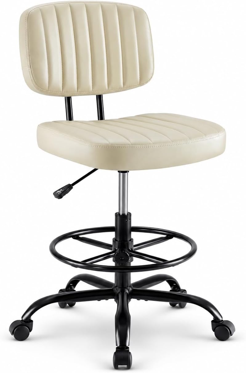Simple Deluxe Armless Drafting Chair, Low Back PU Leather Office Seat with Footrest Ring, Swivel Rolling Stool for Standing Desk, Studio, Lab, Counter and Small Spaces, Beige