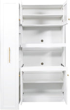 White Kitchen Pantry Cabinet with Pull-Out Multi-Tier Storage Shelf, Glass Doors, Multi-Purpose Modern Storage Cabinet for Kitchen, Dining Room, or Living Room, 70.87” H