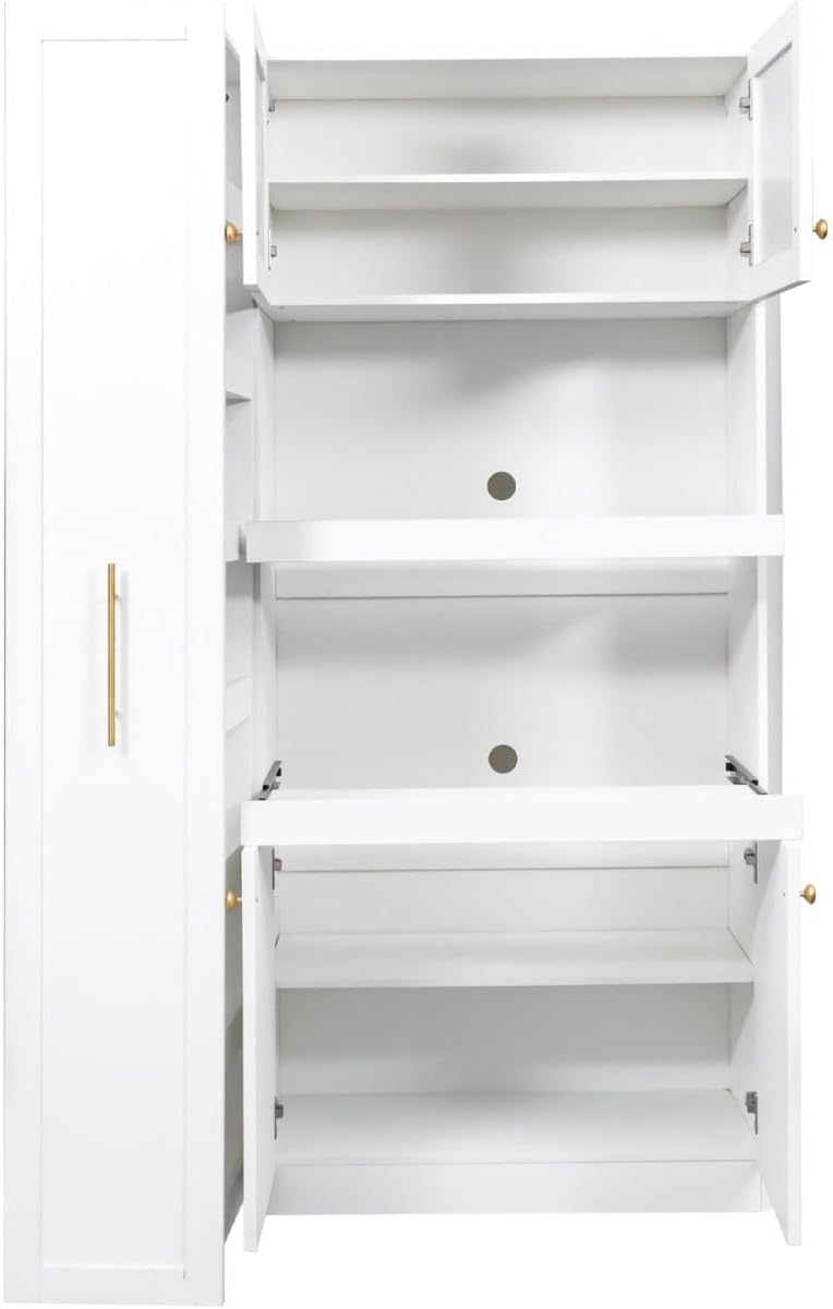 White Kitchen Pantry Cabinet with Pull-Out Multi-Tier Storage Shelf, Glass Doors, Multi-Purpose Modern Storage Cabinet for Kitchen, Dining Room, or Living Room, 70.87” H