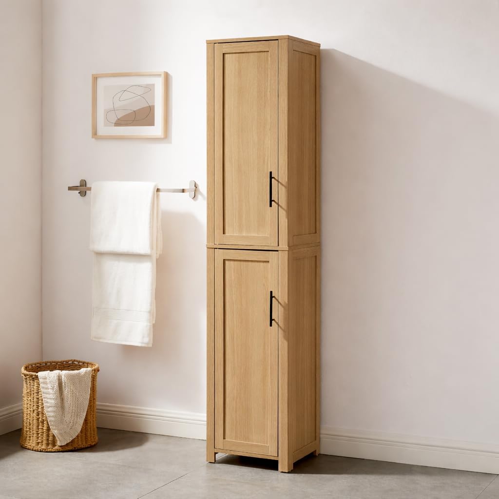Crosley Furniture Savannah Linen Storage Cabinet, Laundry Room, Bathroom Organizer with Shelves, Natural