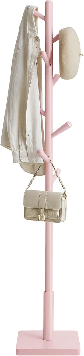 VASAGLE Solid Wood Coat Rack, Free Standing Hall Coat Tree with 8 Hooks, 3 Height Options, for Coats, Hats, Bags, Purses, for Entryway, Hallway, Rubberwood Hooks and Pole, Jelly Pink URCR010R01