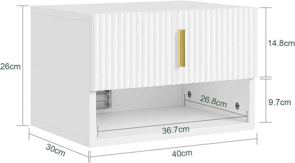 SoBuy Floating Nightstand with LED Sensor Light | Slim Wall Mounted Bedside Table with Drawer, Narrow White Nightstand for Bedrooms and Dorms, FBT176-E-