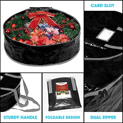 Wreath Storage Bag By Propik 30" - Garland Holiday Container Tear Resistant Material - Easy Storage Featuring Heavy Duty Handles And Transparent Card Slot 30” X 30” X 8” (Black)