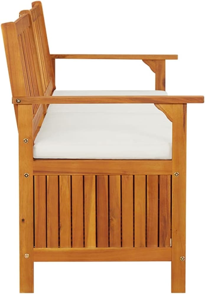 Brown, Cream White Solid Acacia Wood Storage Bench, 67x67x33.1 in, 100% Polyester Fabric, Rustic Outdoor Patio Garden Seating, Entryway Bench Seating
