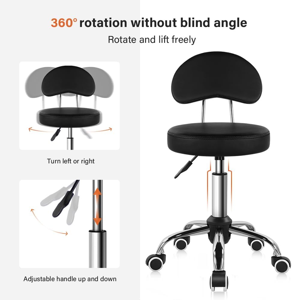 KKTONER Rolling Stool with Mid Back Height Adjustable Chair PU Leather Swivel Chair with Wheels for Office Home Task Drafting (Black)