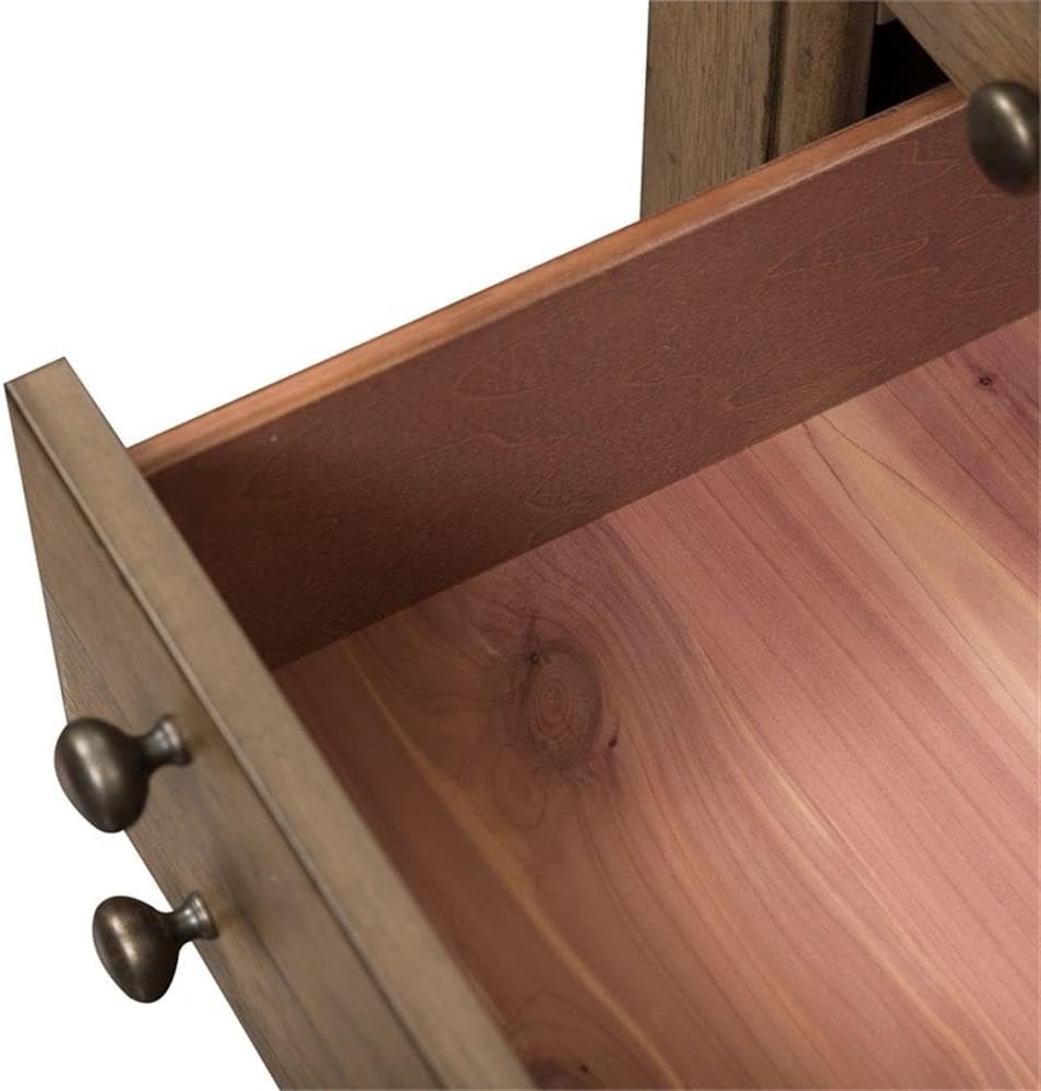 Pemberly Row Bedside Chest, Dusty Taupe Wire-Brushed Finish, 3 Drawers with Felt-Lined Top and Cedar-Lined Bottom, Built-in AC and USB Charging Station, Antique Brass Knob Hardware, Rustic Bedroom