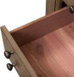 Pemberly Row Bedside Chest, Dusty Taupe Wire-Brushed Finish, 3 Drawers with Felt-Lined Top and Cedar-Lined Bottom, Built-in AC and USB Charging Station, Antique Brass Knob Hardware, Rustic Bedroom