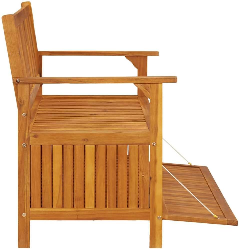 Patio Storage Bench Solid Acacia Wood 47.2 Inch Outdoor Garden Seat with Backrest Armrests Large Storage Compartment for Porch Deck Yard Relax
