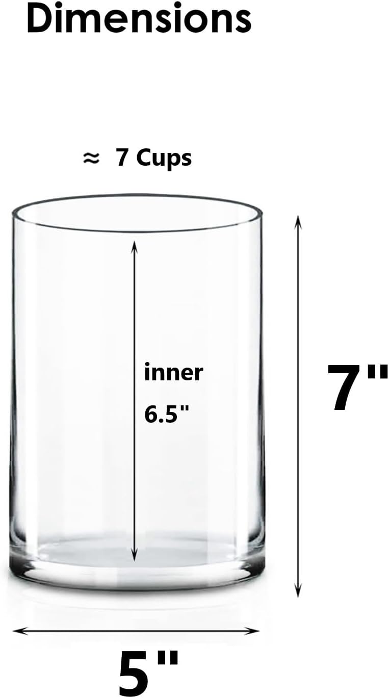 CYS EXCEL Glass Cylinder Vase (H:7" D:5") | Multiple Size Choices Glass Flower Vase Centerpieces | Hurricane Floating Candle Holder Vase