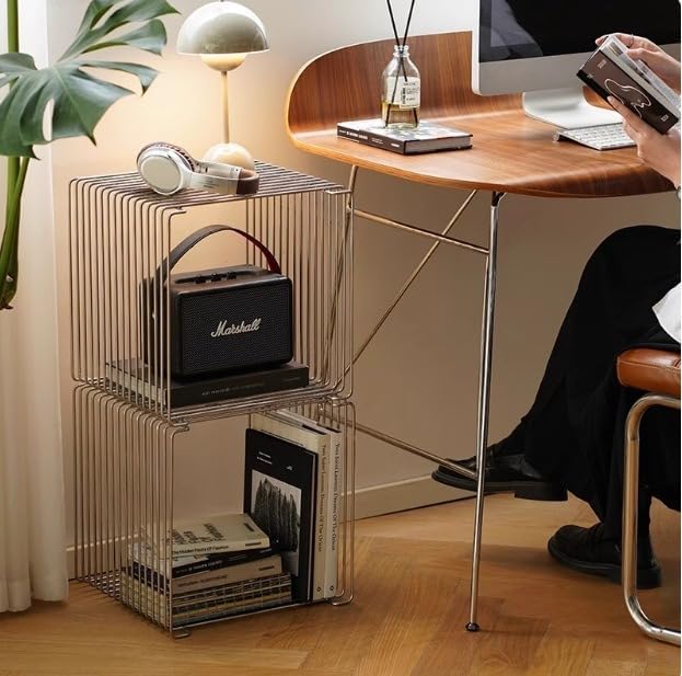 Stainless Steel Side Table, Metal Side Table with Wire Cube Storage, Retro Square Accent Table for Living Room Office Silver Finish (Silver,14in)