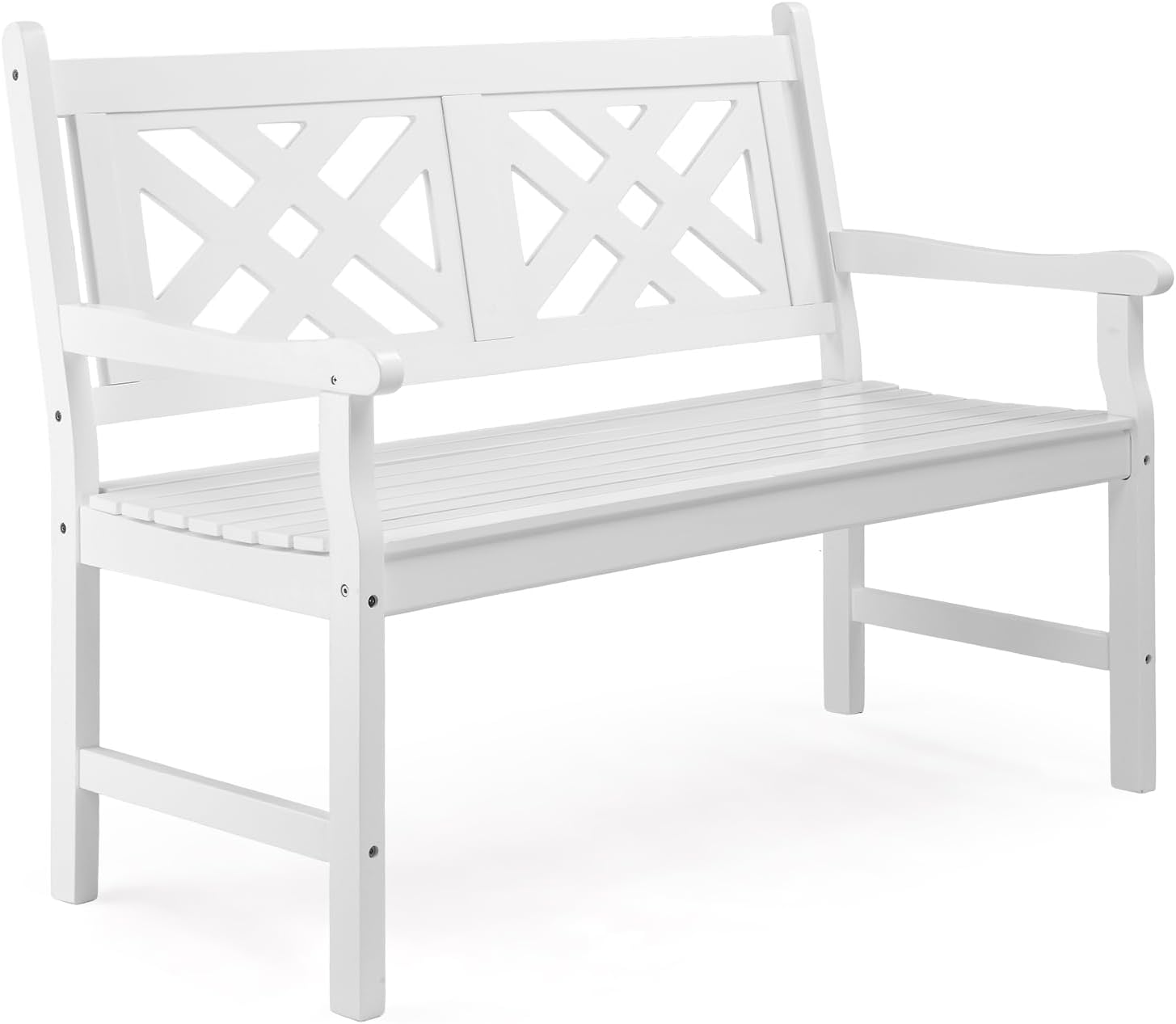 VINGLI 50" Outdoor Wood Bench, Weatehr Resistant Wooden Garden Patio Bench with Comfortable Backrest & Curved Armrest, 800lb Capacity Loveseat for Front Porch Park Yard Deck (White, Geometric)