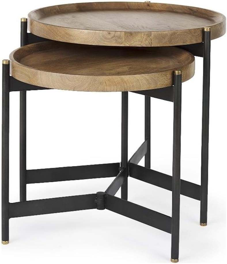 Pemberly Row Nesting Side Tables, 22.5Lx22.5Wx20.8H, Mango Wood Tray Tops, Foldable Black Metal Frames with Gold Accents, Compact Storage, Versatile Accent Tables for Living Room or Bedroom Use