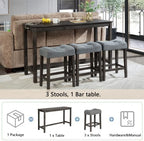 KEIKI 4-Piece Bar Table Set with Power Outlet, USB Ports, and 3 Padded Stools, Dining & Game Room Furniture, Sturdy Wooden Frame, Rustic Faux Wood Design, Dark Gray