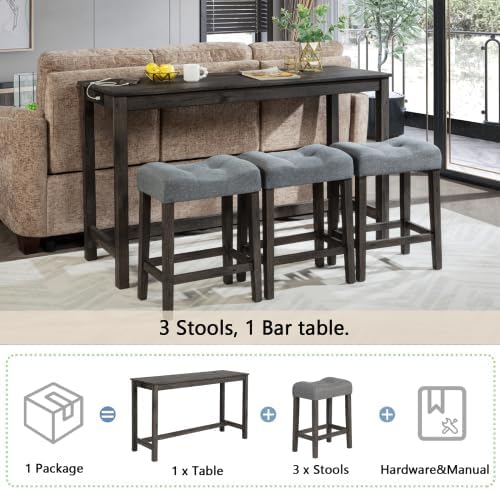 KEIKI 4-Piece Bar Table Set with Power Outlet, USB Ports, and 3 Padded Stools, Dining & Game Room Furniture, Sturdy Wooden Frame, Rustic Faux Wood Design, Dark Gray