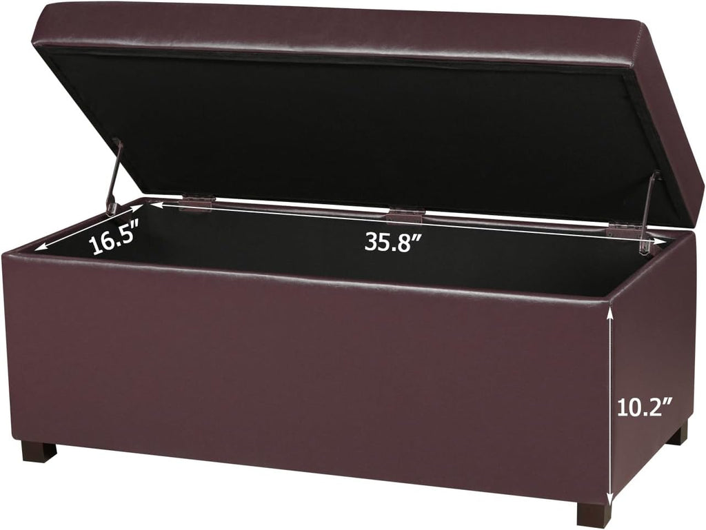 38" Leather Storage Ottoman for Living Room, Rectangular Tufted Storage Bench for Foot, Bright Brown