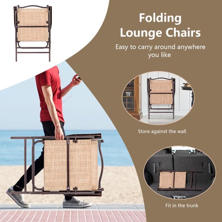 2-Pack Modern Folding Sling Back Deck Chairs in Beige Textile Fabric with Steel Frame & Plastic Feet, 20x24x38in, UV-Resistant for Outdoor Use