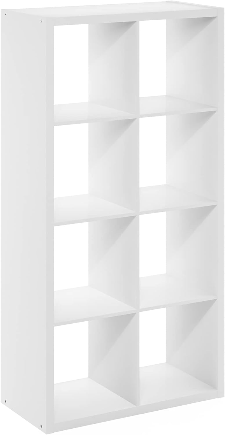 Furinno Cubicle Book Shelf, 8-Cube Bookshelf, Extra Thick Frame Horizontally & Vertically Reversible Bookcase with Open Back, 14.6 x 30 x 58, for Living Room, Bedroom, Home Office, Plain White