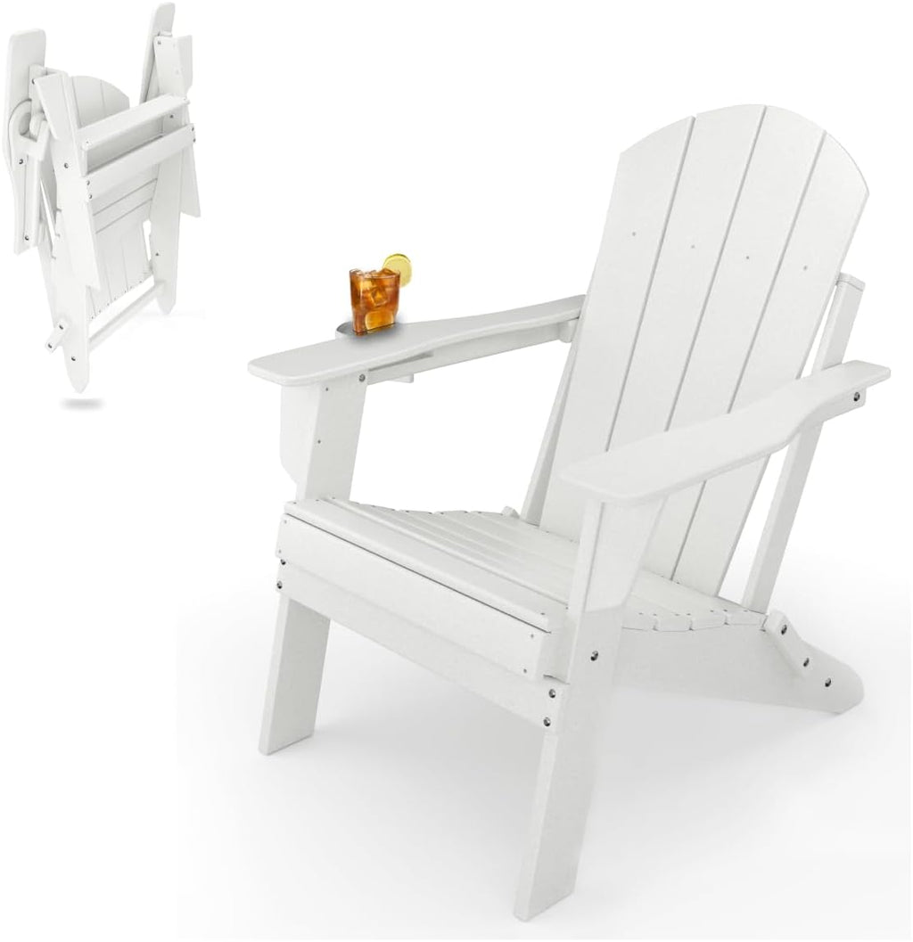 Adirondack Folding Chair for Garden, Patio or Deck - Arm Rests and Cup Holder - Lightweight, Weatherproof - Stylish, Durable Outdoor Furniture for Fire Pit, Beach, Poolside, Porch (White)