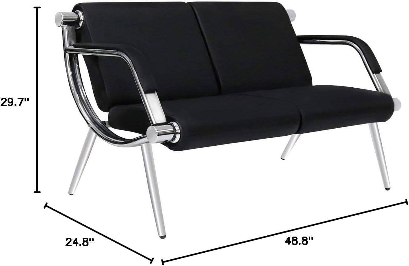 kinbor Waiting Room Chair - 2 Seat Office Guest Reception Bench with Arms, PU Leather Lobby Furniture Reception Chair for Business Salon Bank Hospital Airport, Black