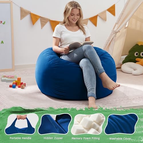 ZurNesfure Bean Bag Chair, Teardrop Small Bean Bag with Filling, 2.5FT Bean Bag Chairs for Living Room, Washable Comfy Chair with Handle, Fluffy Bean Bag for Reading Gaming Relaxing (Blue, 2.5FT)