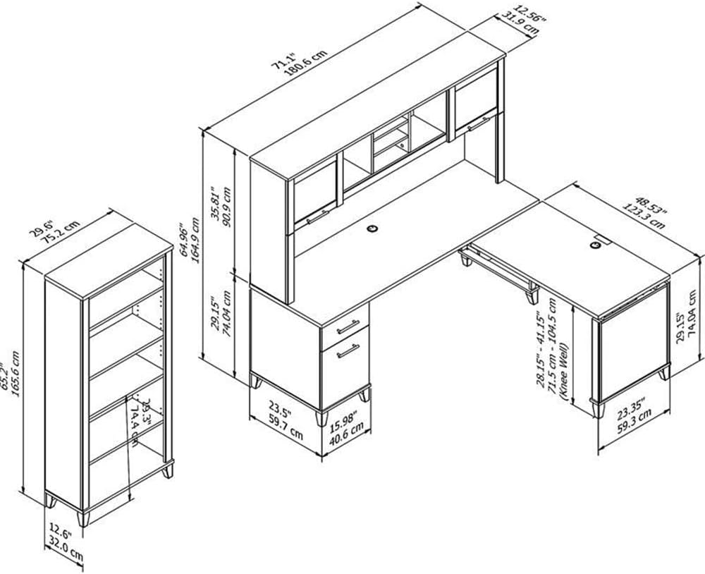 Bush Furniture Somerset 72W 3 Position Sit to Stand L Shaped Desk with Hutch and Bookcase in Storm Gray