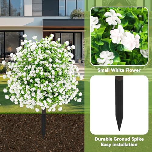 ENVEN Artificial Boxwood Topiary Ball Trees with Ground Spikes UV Resistant Faux Greenery Shrubs Fake Shrubs for Outdoors, Realistic Faux Plants Bushes for Garden Porch Yard Patio Decor (White Green)