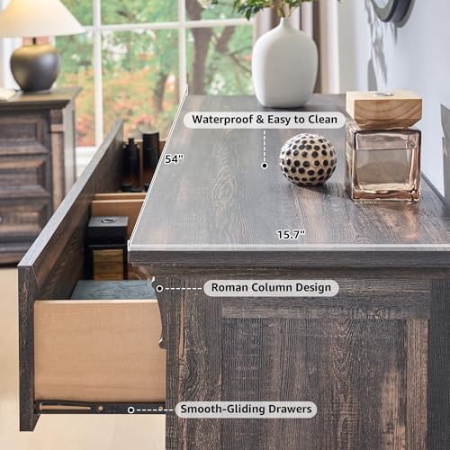 6 Drawers Dresser for Bedroom, 54" Wide Wood Large Dressers w/Roman Column | Dressers & Chests of Drawers, Wooden Dresser TV Stand for Nursery Bedroom Living Room Hallway,Dark Rustic Oak