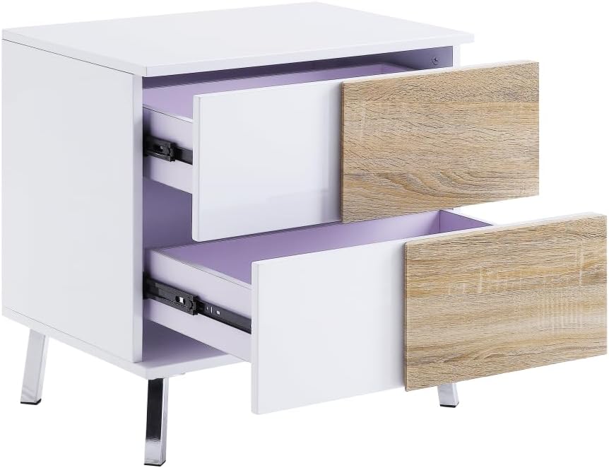 Verux White High Gloss End Table - 2 Storage Drawers, Chrome Flared Legs, Durable MDF Living Room Decor, Modern Home Accent