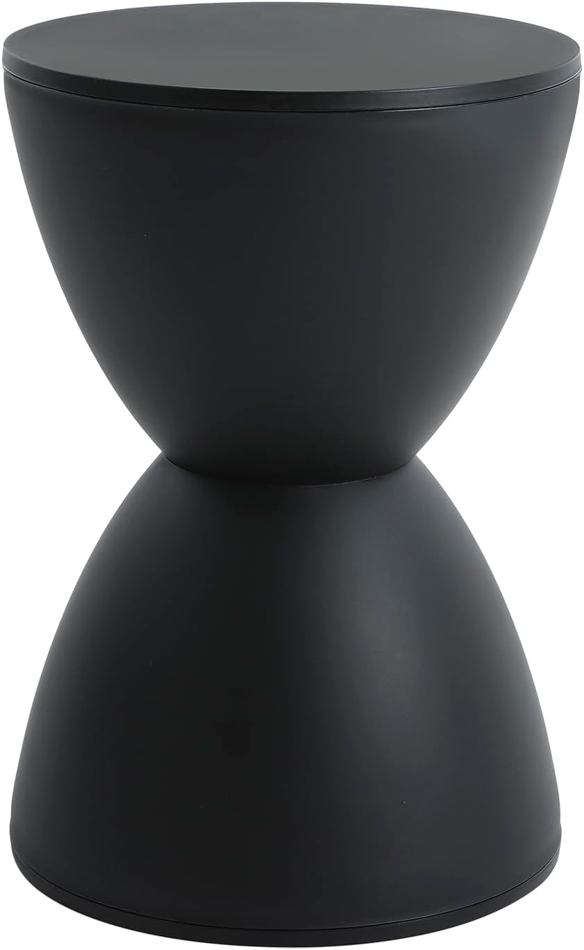 Sallie Indoor/Outdoor Stool or End Table, 16.93" H x 11.81" W, Drum Side Table, Plastic Hourglass Modern End T-able, Round Stool Side Table, for Patio, Balcony, Poolside, Entryway (Black)