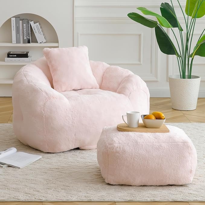 Bean Bag Chair for Adults, Faux Fur Upholstered Beanbag Chair with Shell-Shaped Design, Comfy Bean Bag Sofa with Pillow and Footstool, Floor Sofa Chair for Bedroom (Pink)