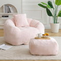 Bean Bag Chair for Adults, Faux Fur Upholstered Beanbag Chair with Shell-Shaped Design, Comfy Bean Bag Sofa with Pillow and Footstool, Floor Sofa Chair for Bedroom (Pink)