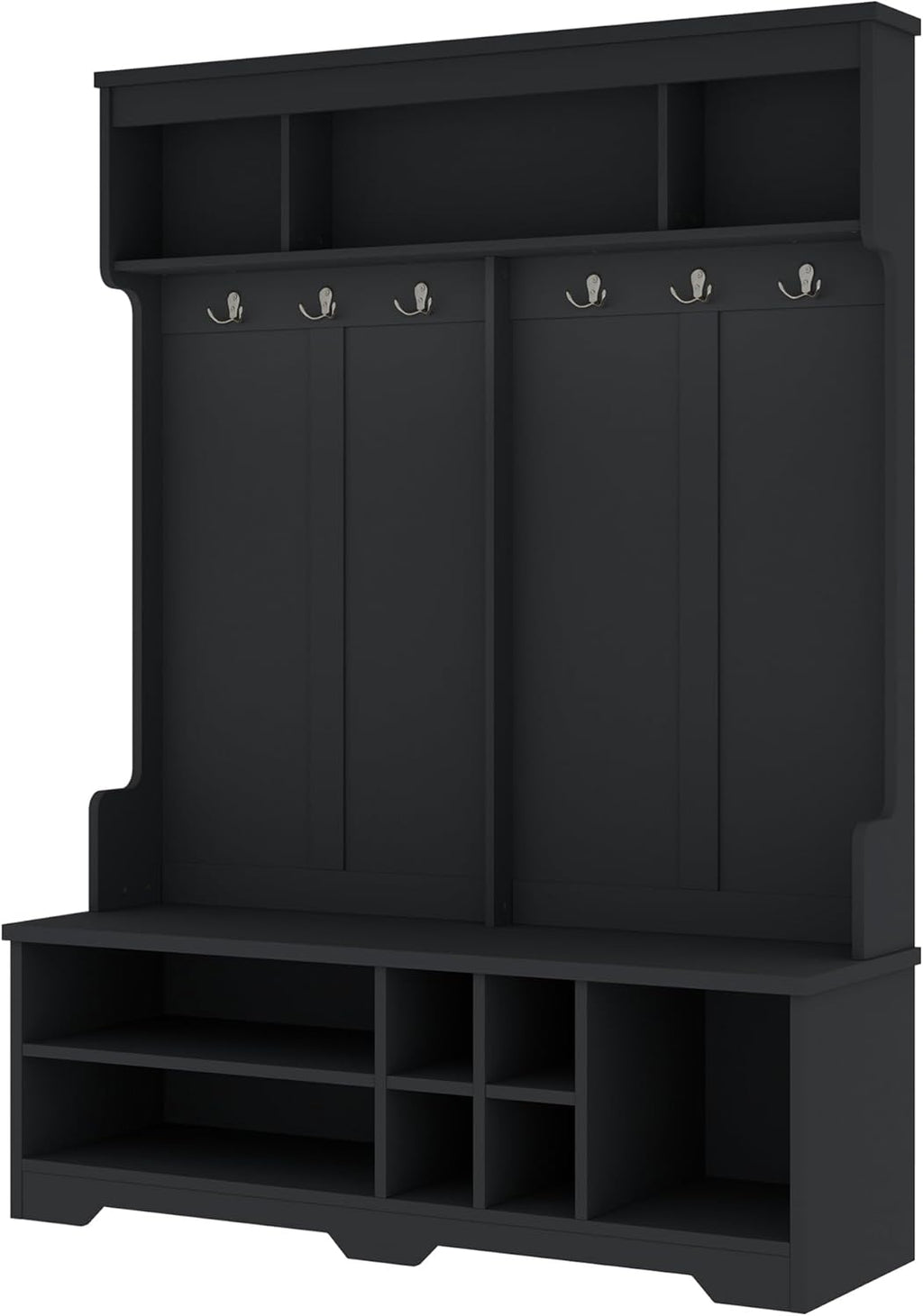 KEIKI Entryway Hall Tree with Bench and Shoe Storage, Coat Rack with 6 Hooks and Shoe Cubbies, Hall Tree Organizer Coat Rack with Shoe Storage for Entryway Hallway, Black