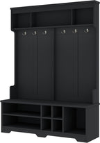KEIKI Entryway Hall Tree with Bench and Shoe Storage, Coat Rack with 6 Hooks and Shoe Cubbies, Hall Tree Organizer Coat Rack with Shoe Storage for Entryway Hallway, Black