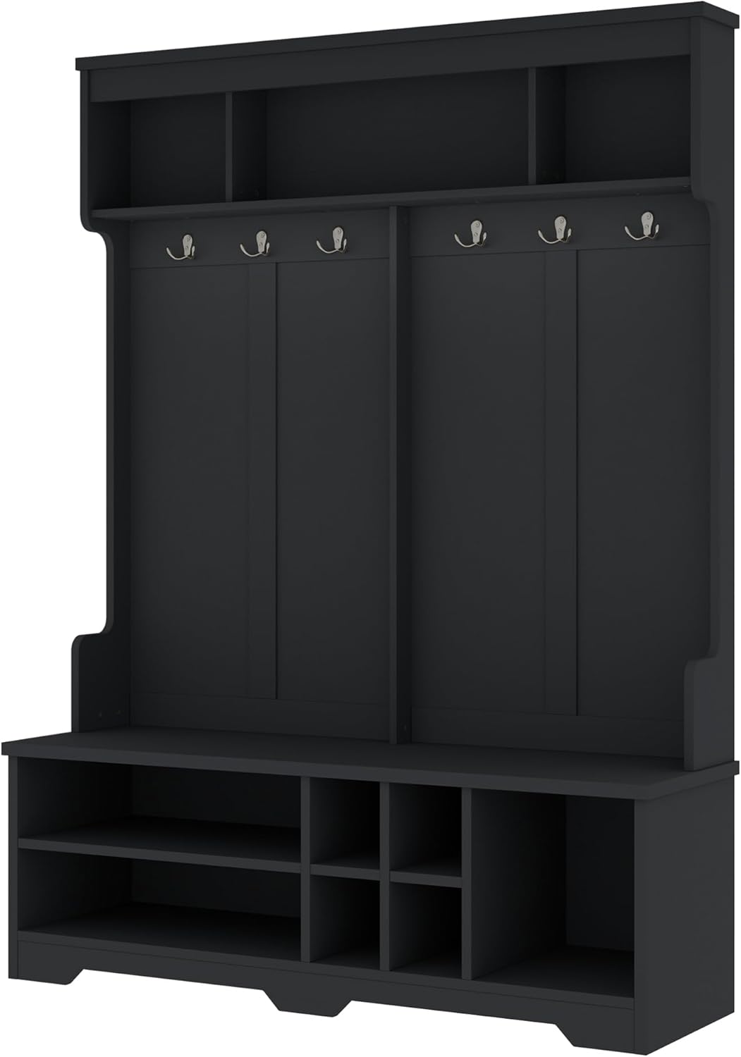 KEIKI Entryway Hall Tree with Bench and Shoe Storage, Coat Rack with 6 Hooks and Shoe Cubbies, Hall Tree Organizer Coat Rack with Shoe Storage for Entryway Hallway, Black