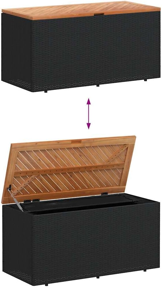 Poly Rattan Garden Storage Box with Acacia Wood Top, 43.3x19.7x21.3 Inch Outdoor Bench Seat, Waterproof Bag for Cushions and Pillows