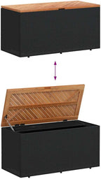Patio Storage Box Black 43.3"x19.7"x21.3" Poly Rattan Resin Wicker Bench with Acacia Wood Lid for Outdoor Patio Deck Pool Garden Furniture Storage