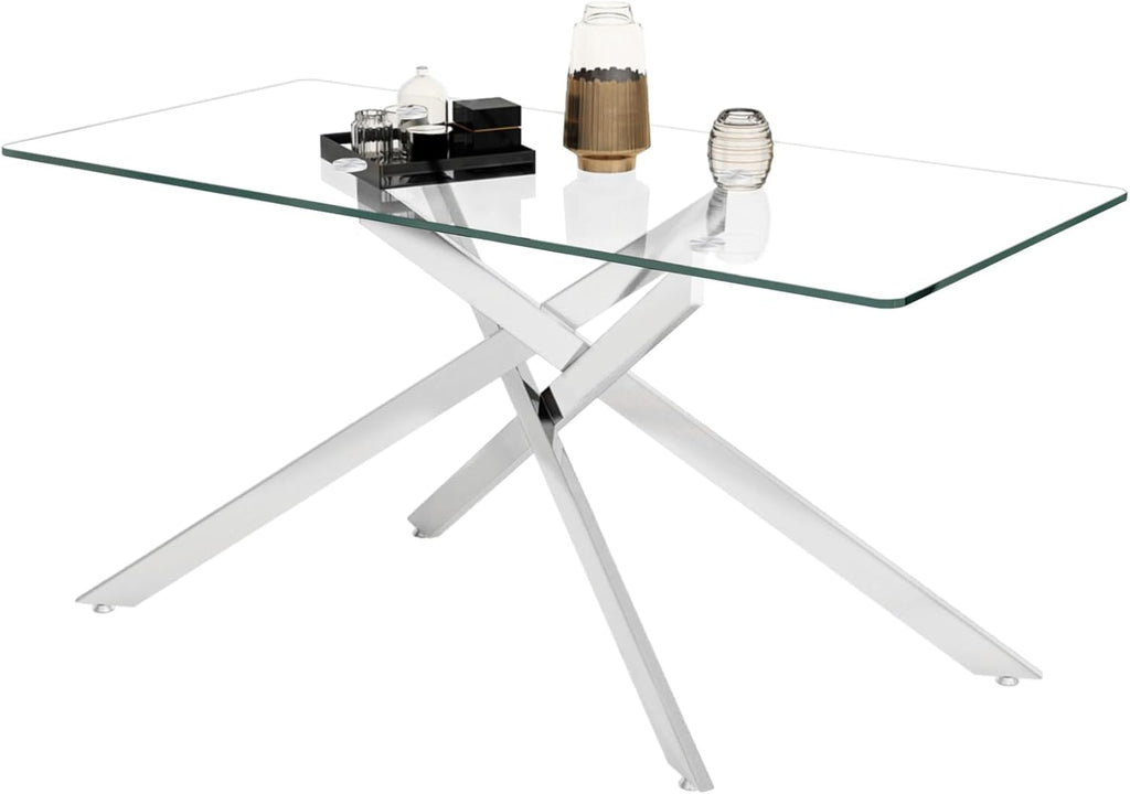 Henf 7 Piece Glass Dining Table Set for 6, 61" Modern Silver Kitchen Table and Chairs for 6, Rectangle Dining Room Table Set with 6 White Faux Leather Chairs for Small Space,Home, Apartment