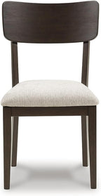 Signature Design by Ashley Favelon Dining Side Chairs, Set of 2, Mid-Century Modern Upholstered Wood, Curved Backrest, Cushioned Seat, Merlot Finish & Beige Fabric