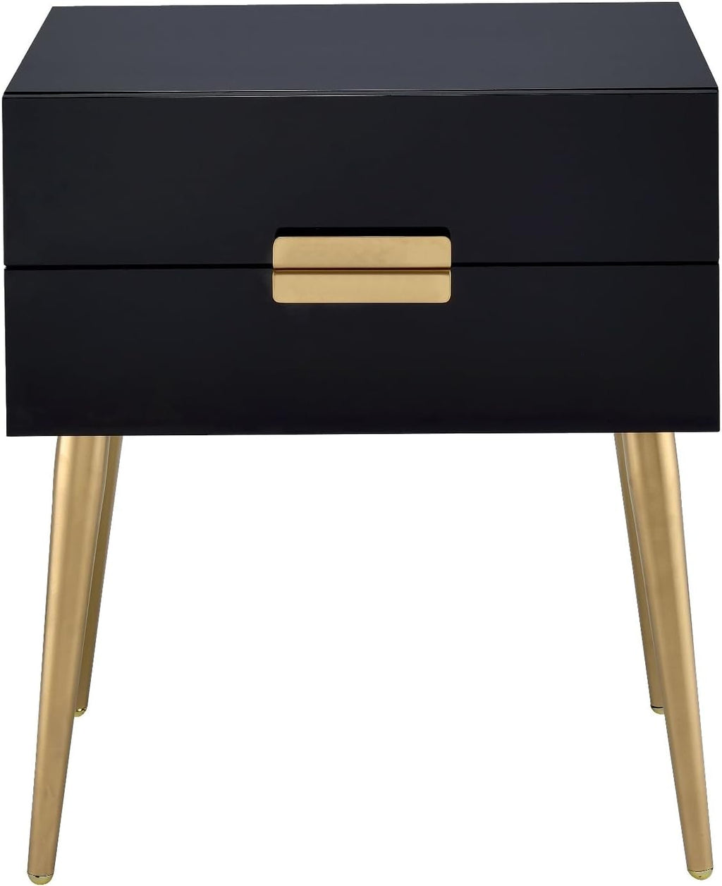 Penau Black and Gold End Table, Rectangular High Gloss Engineered Wood Top, Metal Tapered Gold Legs, 2 Drawers Storage Nightstand, 16.00 x 20.00 x 24.00 Inchs