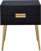 Penau Black and Gold End Table, Rectangular High Gloss Engineered Wood Top, Metal Tapered Gold Legs, 2 Drawers Storage Nightstand, 16.00 x 20.00 x 24.00 Inchs