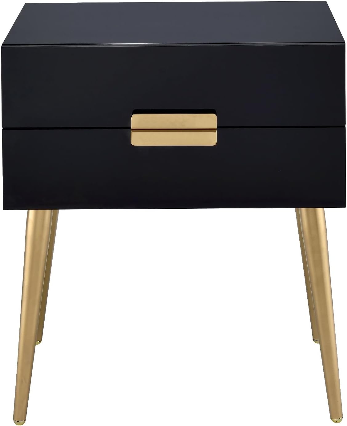 Penau Black and Gold End Table, Rectangular High Gloss Engineered Wood Top, Metal Tapered Gold Legs, 2 Drawers Storage Nightstand, 16.00 x 20.00 x 24.00 Inchs